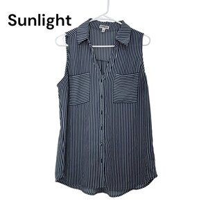 Express Sleeveless Striped Blouse Womens L Dusty Blue/White Button-Down